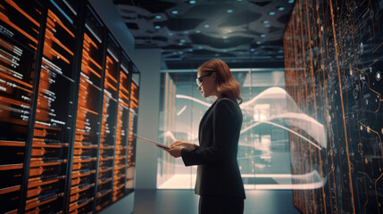 Tech professional oversees data management in a high-tech server room