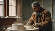 A construction worker adds plaster to a bucket and makes a plaster paste against the backdrop of a room being renovated