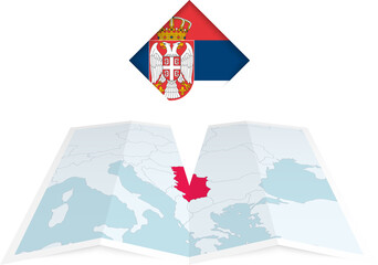 Wall Mural - Serbia pin flag and map on a folded map