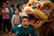 A child in awe during a captivating lion dance performance at a cultural festival. Chinese New Year