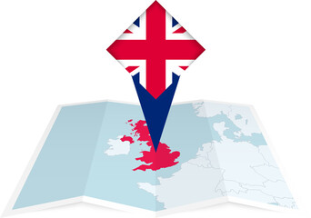 Wall Mural - United Kingdom pin flag and map on a folded map