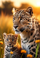 Wall Mural - Jaguar Leopard family, cubs, love, photographic image with animals perfect for wall decoration . Ai Generative