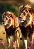 Fototapeta  - Lion family, cubs, love, photographic image with animals perfect for wall decoration . Ai Generative