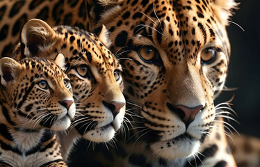 Poster - Jaguar Leopard family, cubs, love, photographic image with animals perfect for wall decoration . Ai Generative