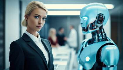 Poster - Businesswoman standing with robot at the office