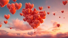 Bouquet Of 100 Balloons In The Form Of Hearts In The Clouds In The Sky, With Pronounced Clouds, Film Photography, In A Romantic Style