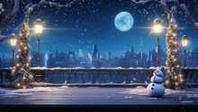 Christmas Decorations On The Rooftop House With A Snowman And Christmas Tree Surrounded By Snowfall. Cartoon Style.  Seamless Looping Time-lapse Virtual Video Animation Background.