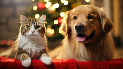 Cat and dog cuddle up in a festive living room