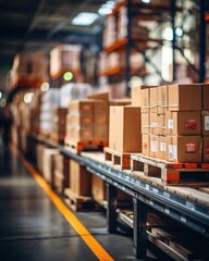 retail warehouse with goods in boxes, with pallets and forklifts. product distribution center