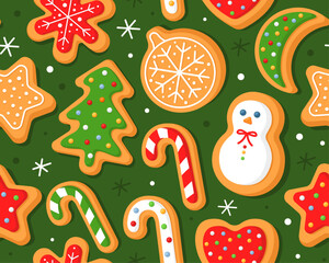 Seamless pattern with Christmas gingerbread cookies on a green background. Christmas tree, snowman, ball, candy, heart, snowflakes. Homemade Christmas cookies. Wrapping paper, decor, fabric. 