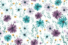 Simple Daisies Purple Flowers Seamless Pattern On White Background. Chamomiles Floral Endless Wallpaper. Vector Illustration. Doodle Style. Design For Fabric Design, Textile Print,