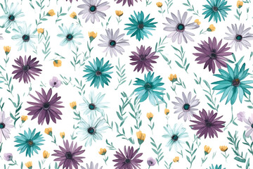 Wall Mural - Simple daisies purple flowers seamless pattern on white background. Chamomiles floral endless wallpaper. Vector illustration. Doodle style. Design for fabric design, textile print,