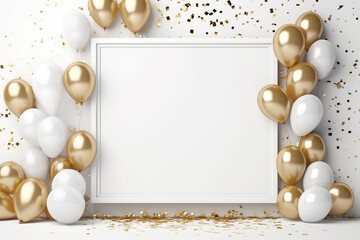 A white frame with balloons and gold glitter on it