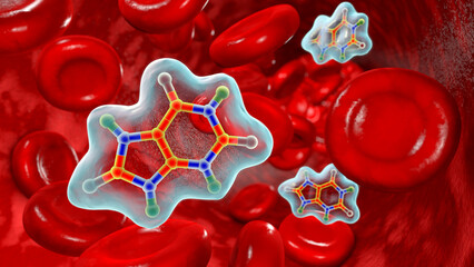 Wall Mural - Uric acid molecule in blood circulation, 3D illustration