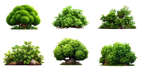 collection of 3d cartoon clipart bush trees isolated on white and transparent background