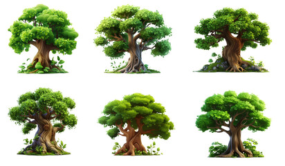 Collection of 3d cartoon clipart green trees isolated on white and transparent background