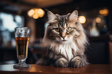 Canvas Print - Extravagant fluffy pet drinking his morning coffee portion in modern cafeteria Generative AI