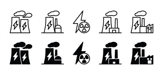 Nuclear power plant icons. Nuclear reactor industrial plant steam chimney sign and symbol. Vector illustration