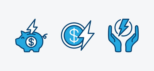 Energy saving icon set. Saving electrical energy icons. Reduction electricity power consumption, saving electrical energy costs. Vector illustration