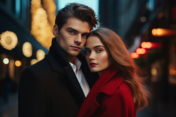 Generative AI portrait of young stunning woman handsome man couple traveling  winter time abroad city