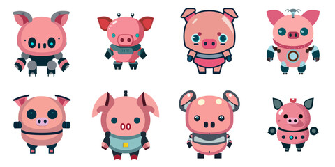 Wall Mural - Vector illustration of multiple cute pig robots