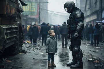 A lost child stands in front of a soldier in full armor on a dark and dirty street