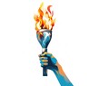 Hand holding the Olympic torch is a bright, colorful illustration of the Olympic Games symbol.