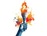 Fototapeta  - Hand holding the Olympic torch is a bright, colorful illustration of the Olympic Games symbol.