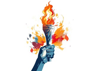 hand holding the olympic torch is a bright, colorful illustration of the olympic games symbol.