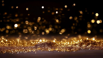 Wall Mural - Abstract gold shiny Christmas background with bokeh. Holiday bright golden dust. Blurred backdrop with particles.