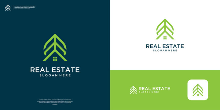 home and leaf logo with abstract line art. minimalist real estate logo design template.