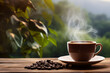 Coffee cup with smoke and coffee beans on wooden table on nature background.