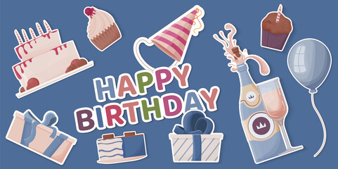 Poster - Happy birthday, greeting card elements set