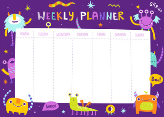 Wall Mural - Cute weekly planner with funny monsters for children. Colorful vector design of timetable for kids.