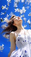 portrait of beautiful girl in field with bluebell flowers, sky background