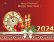 Happy New Year 2024. Festive banner with golden numbers 2024 on background of clock with Christmas candles, ball decorated fir branches, pattern and ribbon. Vector 3d for winter holiday celebrations