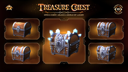 Treasure Chests Collection Unveiling a Realm from Basic to Upgraded Levels for RPG, Fantasy, and Medieval Games-Vector illustration Design