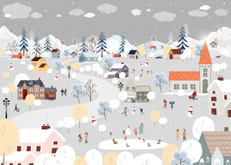 Wall Mural - Christmas background,Winter Landscape in Christmas eves at night in City,Vector cute cartoon Winter Wonderland in the town,People celebration in the park on New Year,Banner Design for Holiday season