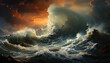 Storm sea ocean. Powerful nature foamy sea waves rolling and splashing over water surface against cloudy blue sky background . Beautiful nature landscape