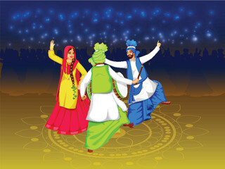 Sticker - Illustration of Cheerful Punjabi People Doing Bhangra Dance with Dhol Instrument on Bokeh Lights Effect Blue and Yellow Background.