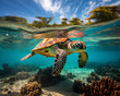 Wasserschildkröte im tropischen Meer schwimmt an der Oberfläche