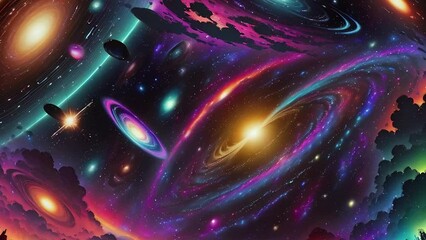 Wall Mural - Psychedelic cosmic animation. Bright universe animation with vivid galaxy and nebulas, illustrations transformations and metamorphose. AI generated cinematic video