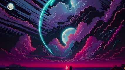 Wall Mural - Futuristic cosmic animation with deep space, galaxy, and futuristic cityscape on planet. Bright cosmic animation with illustrations transformations and metamorphose. AI generated cinematic video