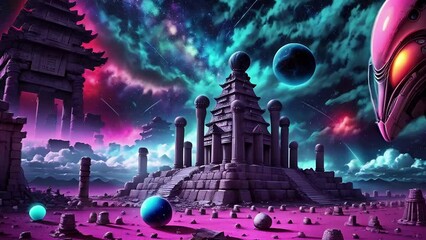Wall Mural - Alien planet with alien temple. Deep space, galaxy, and futuristic cityscape on planet. Bright cosmic animation with illustrations transformations and metamorphose. AI generated cinematic video