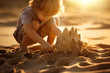 Adorable little girl playing at the beach during summer vacations. Cute child building a sand castle on a seashore. Active leisure on holidays.