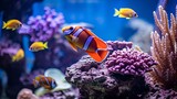 Fototapeta Do akwarium - Coral is surrounded by colorful reef fish swimming below it