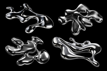 Poster - Y2K Melted chrome liquid metal shapes set isolated. Spilled wavy molten gloss aluminium mercury form. Futuristic aluminium droplets