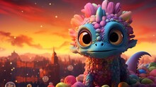 A Small Dragon With A Cute Face Surrounded By A Colorful And Magical Sunrise