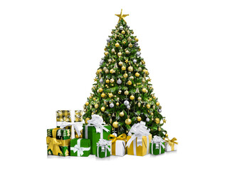 Wall Mural - Decorated by gold and silver fir tree with presents isolated on white