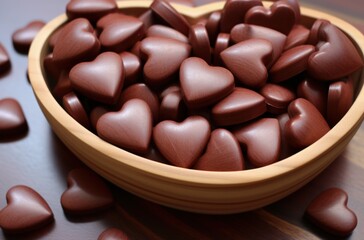 Poster - Bowl full of hearts shaped like chocolate, wooden background, Easter holiday. Generative AI